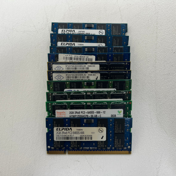 Lot of 10 20GB Mixed Major Brand 2GB PC2-6400S DDR2-800MHz Laptop RAM Memory